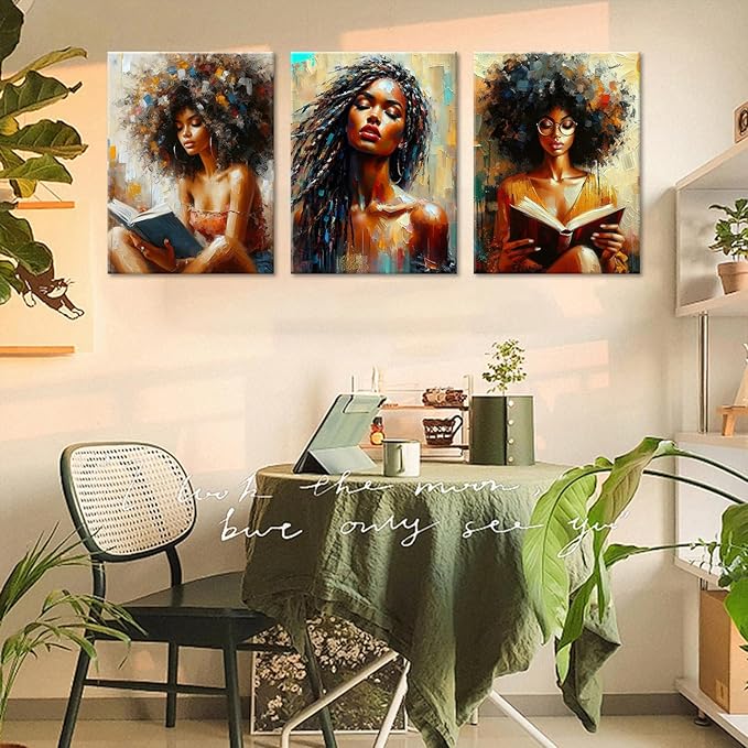 Framed Modern Abstract African American Women Wall Art Set of 3 Painting Canvas Prints,Boho Black Girl with Floral Accents, Inspirational and Trend Poster for Living Room,Bedroom, Office Decor,12X16in