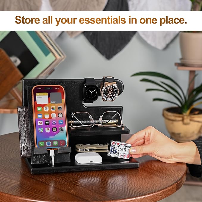 TESLYAR Wood Phone Docking Station for Men - Desktop or Nightstand Organizer - Birthday Gifts for Men, Dad - Anniversary Idea from Wife - Key Holder, Stand Wallet, Watch & Essentials (Deep Black)