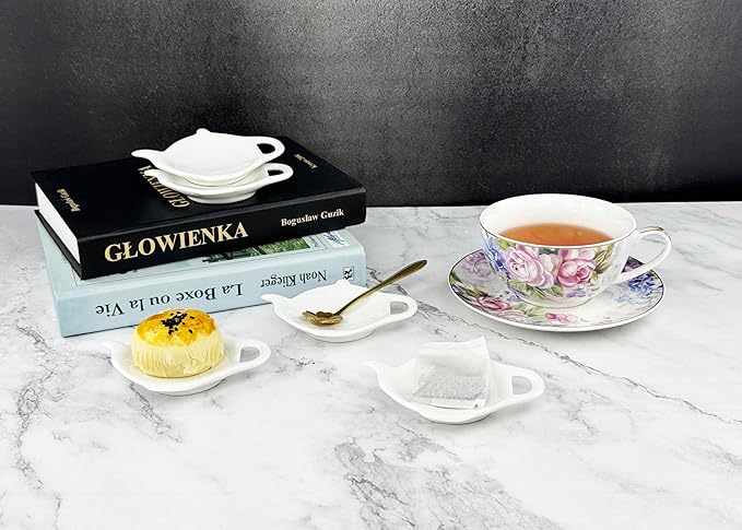 White Porcelain Tea Bag Plate Set of 5, Five Pieces of Tea Bag Coasters, Used Tea Bag Holder, Classic Teaspoon Rest pad, Tea Bag Rest Dish, Tea Party