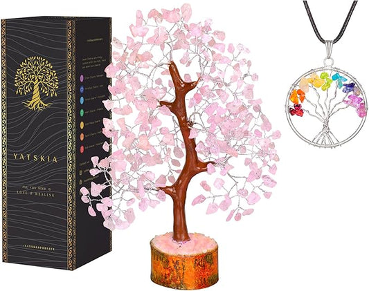YATSKIA Rose Quartz Crystal Tree - Bonsai Tree of Life - Pink Room Decor - Desk Decorations for Women Office - Gemstones and Crystals - Stones and Crystals