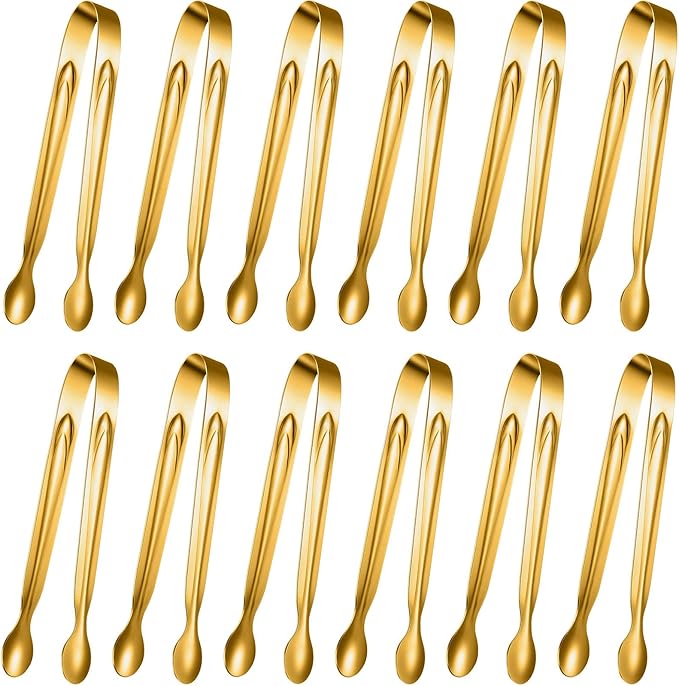 Gejoy 12 Pieces Mini Tongs Stainless Steel Small Sugar Serving Tongs for Charcuterie Board Appetizers Dessert Serving Food Tiny Party Danish Candy(6 Inch,Gold)