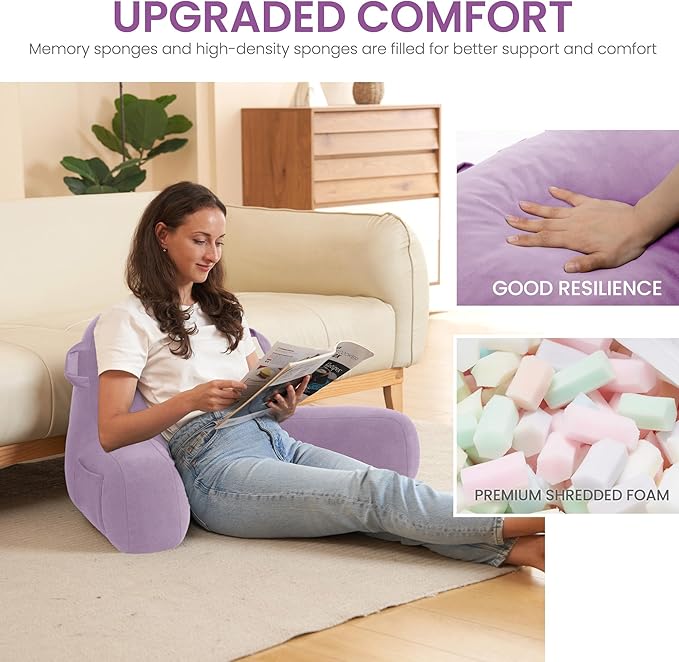 Portable Comfy Reading Pillows for Bed Sitting Up(Lavender Purple Oeko-Tex), Velvet Back Pillow with Arms & Pockets for Adults, Support Memory Foam Bed Pillow for Dorm/Reading/Watching/Gaming