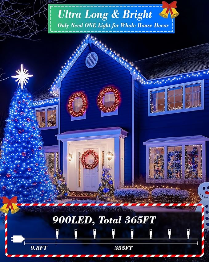 355FT 900 LED Blue Christmas Lights, Extra Long Outdoor String Lights Waterproof, Timer & Memory, 8 Modes Dimmable Plug in Fairy Lights for Outside Tree Wedding Patry Holiday Decorations