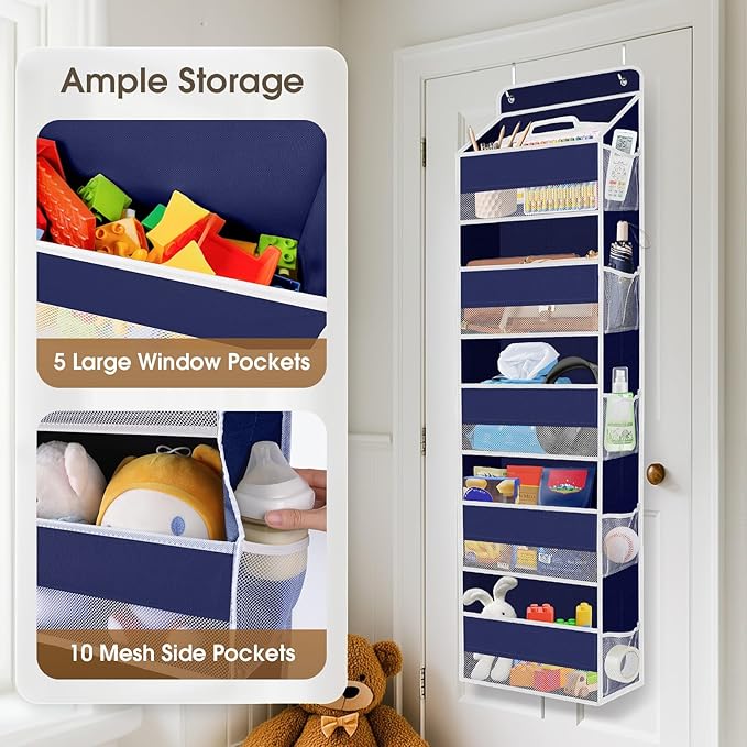 1 Pack Over The Door Organizer, Hanging Storage Organizer with Clear Window, 40lb Ultra Sturdy Large Capacity Room Organizer for Pantry Laundry Bathroom Nursery Closet (Blue)