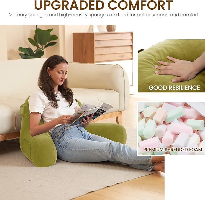 Portable Comfy Reading Pillows for Bed Sitting Up(Pale Green Oeko-Tex), Velvet Back Pillow with Arms & Pockets for Adults, Support Memory Foam Bed Pillow for Dorm/Reading/Watching/Gaming