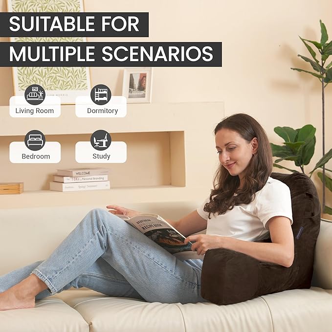 Portable Comfy Reading Pillows for Bed Sitting Up(Brown Oeko-Tex), Velvet Back Pillow with Arms & Pockets for Adults, Support Memory Foam Bed Pillow for Dorm/Reading/Watching/Gaming