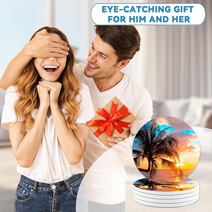 Palm Tree Coaster Set of 4, Absorbent Ceramic Stone Coasters with Cork Backing, Sunset Beach Theme Round Coasters for Home Table Decor, Ideal Gifts for Women or Men