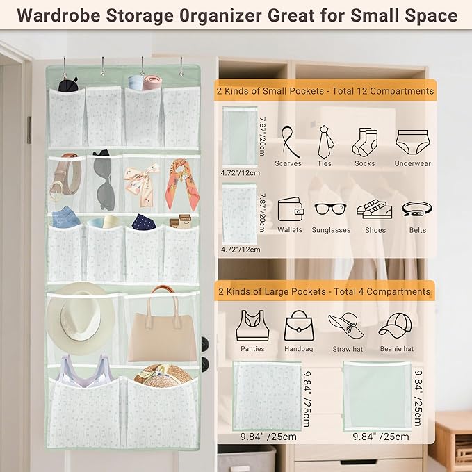 16 Pockets Over Door Hanging Organizer with 4 Kind of Versatile Pouches,Back of Closet Hanging Shelf Holder for Sock,Hat,Underwear,Shoes,Travel Outfit,Behind Door Storage Organization for Home,Dorm,RV