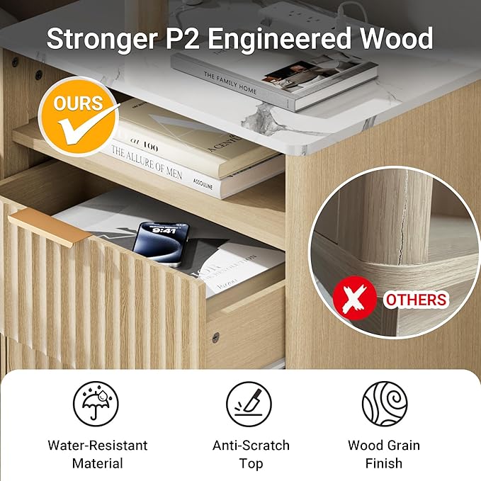Large Fluted Nightstand with Charging Station, 23" Modern End Table with Faux Marble Top, 2 Drawers Night Stand with Storage, Side Table for Bedroom Living Room,Curved Profile(Natural Oak)