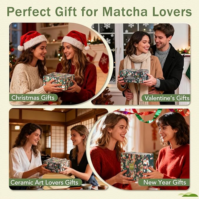 Matcha Whisk Set, Ceramic Bowl with Spout, Bamboo Matcha Whisk & Spoon, Chasen Holder, Scoop Rest, Sifter, 8-Pcs Japanese Matcha Powder Kit–Gift for Ceremony & Matcha Lovers-Mint