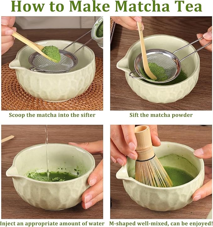 Matcha whisk Sets,Japanese Matcha Set,Matcha Bowl with Spout,Matcha Whisk and Holder,Bamboo Scoop,Sifter - 6 Pcs Tea Set for Matcha Lover,Tea Ceremony,Thanksgiving,Christmas gifts(Green)