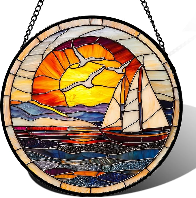 Stained Glass Window Hanging, Sun Ocean Sailboat Seagull Abstract Suncatcher Diamond Glass Panel Sun Catchers Decor for Birthday for Women, Men, Wife, Aunt, and Mom 14.9x14.9 in