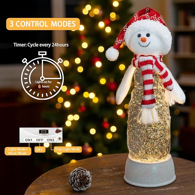 Christmas Snowman Decorations, Lighted Snowman Plush Swirling Glitter Musical Christmas Snow Globe Water Lantern for Table Mantel Desk Fireplace Home Holiday Decor