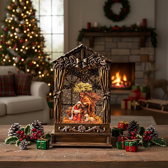 Christmas Snow Globe Lighted Manger Nativity Scene, Musical Holy Family Water Creche Play Silent Night Music in Swirling Glitter, Holiday Decorations Gifts for Family, Children or Friends