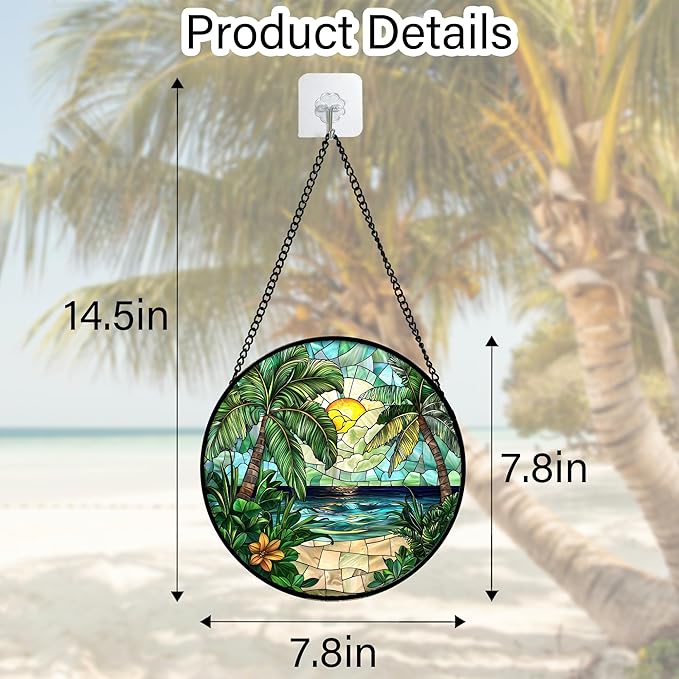 Stained Glass Window Hanging, Green Beach Scenery Suncatcher Diamond Glass Panel Hangings Sun Catchers Decor for Birthday for Women, Men, Wife, Aunt, and Mom 7.8 in