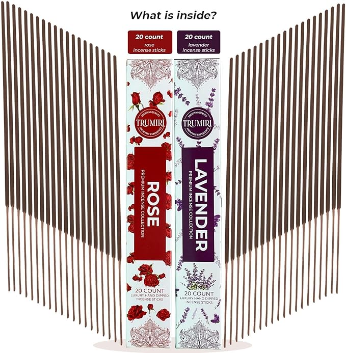 Trumiri Incense Sticks - Combo Pack of 40 Insence-Sticks - 20 Rose + 20 Lavender - Insenses - Insents - Incents - Inscense - Incence - Incienso - All Natural Incense Sticks