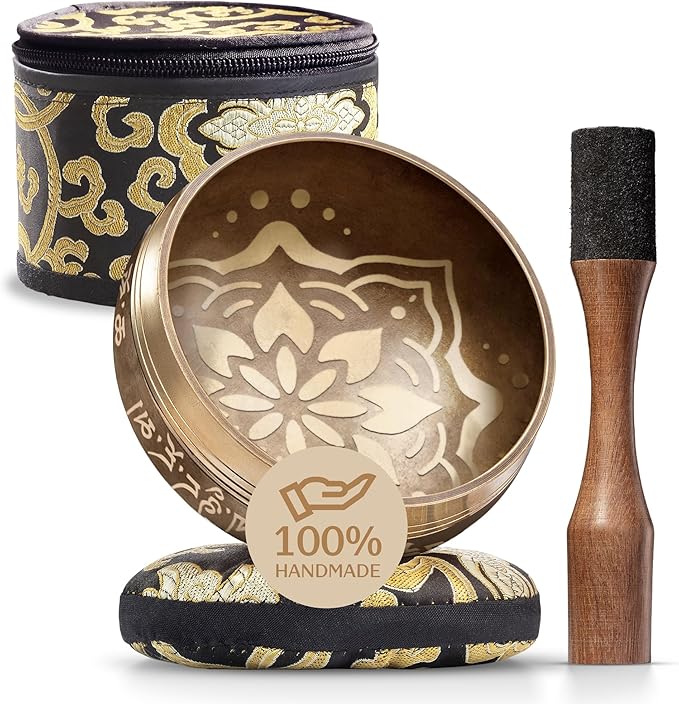 Handmade Tibetan Etched Singing Bowl Set with Case – Meditation Bowl & Sound Bowl with Cushion, Mallet & Guide – Handmade Himalayan Bowls – Bronze Singing Bowls – Spiritual Healing Products