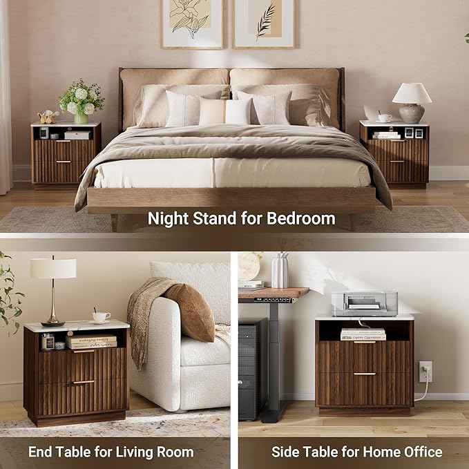 Large Fluted Nightstand Set of 2 with Charging Station, 23" Modern End Table with Faux Marble Top, 2 Drawers Side Table with Storage, for Bedroom Living Room, Curved Profile Design(Walnut)