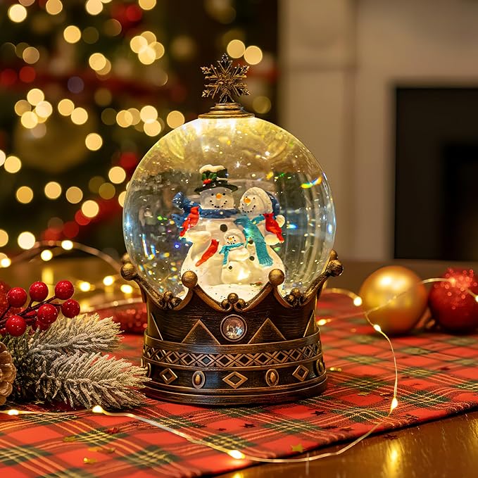 Snow Globe Lighted Christmas Decorations, Snowman Family Musical Crown Snow Globe Lantern with Swirling Glitter, Christmas Holiday Party Gifts and Decorations