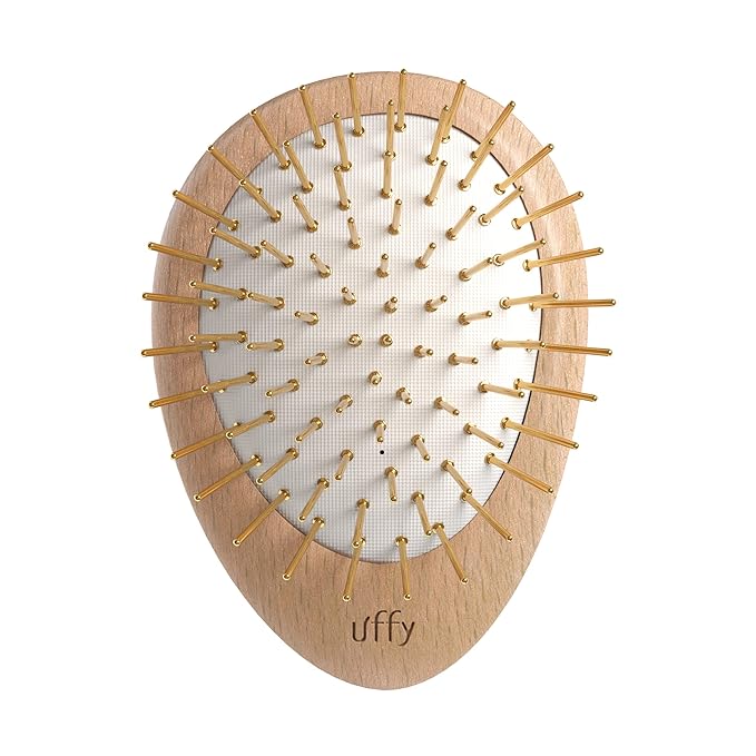 Uffy Acubrusher – 24K Gold-Plated Gua Sha Hair Brush - Ergonomic Scalp Massager for Dandruff & Hair Growth, Suitable for All Hair Types - Ideal Gift Choice in Beech Wood