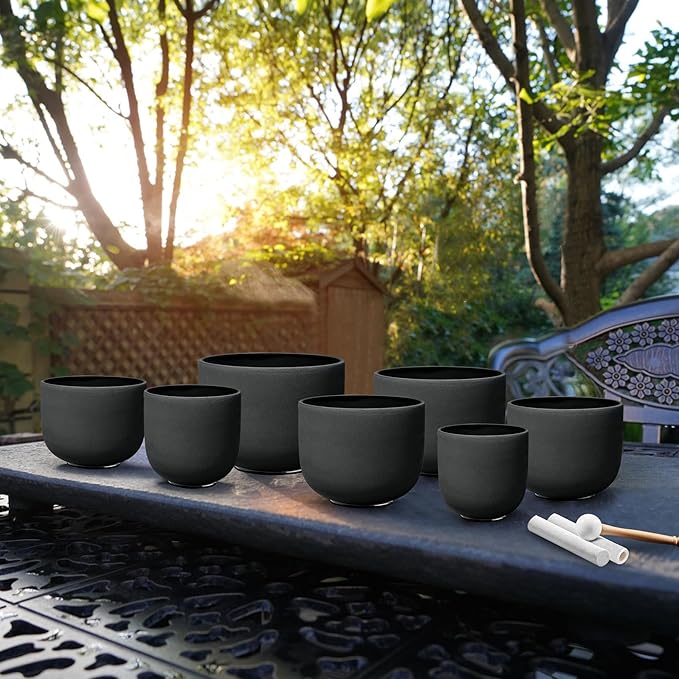 RYAN DVAN 7-12 Inch Set of 7 Pcs Black Color Quartz Crystal Singing Bowl Chakra Set with Free 2 pcs Carrying Case