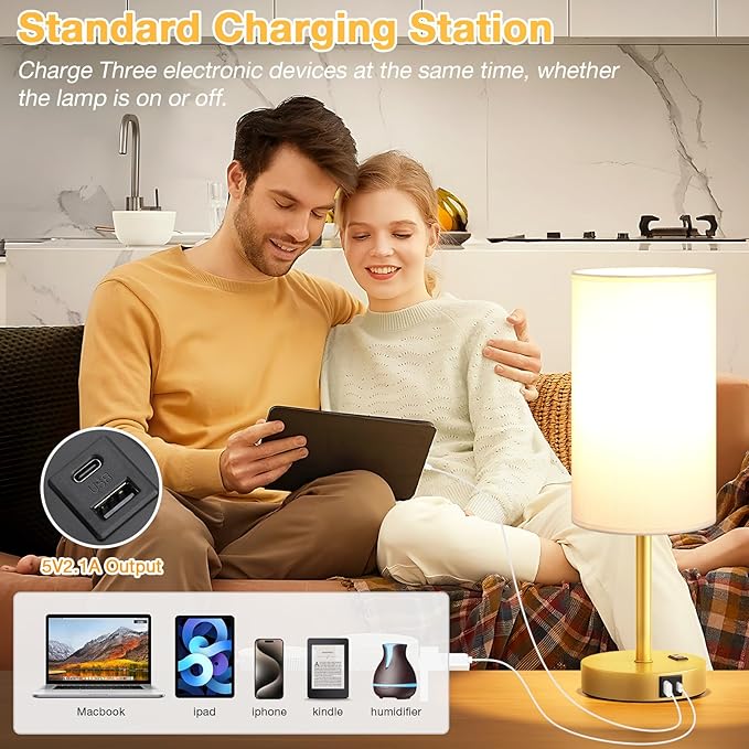 Touch Bedside Table Lamp with USB - 3 Way Dimmable Gold Lamp for Bedroom Nightstand, Desk Lamp with Charging Station for Dorm, Office, Kids Room, Living Room