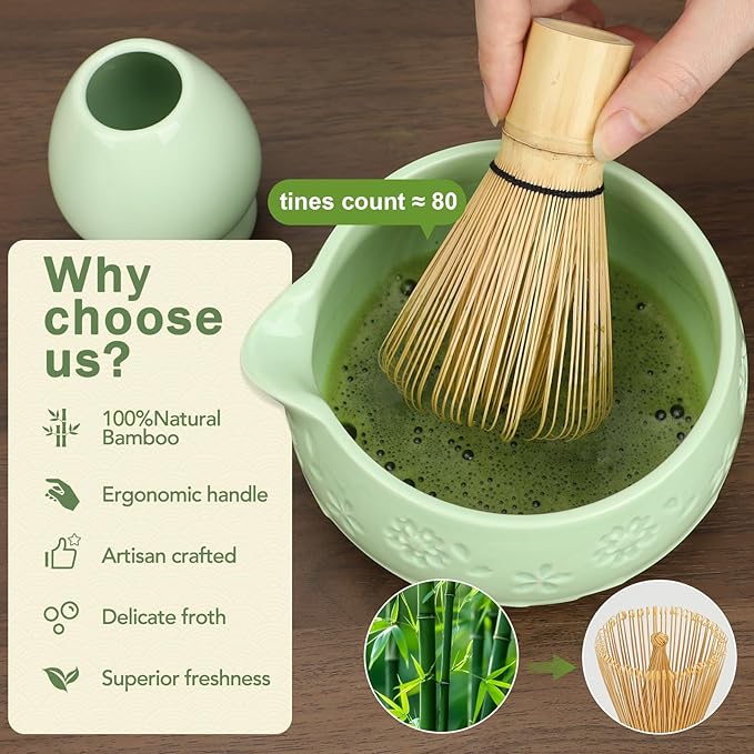 Matcha Whisk Set, Ceramic Bowl with Spout, Bamboo Matcha Whisk & Spoon, Chasen Holder, Scoop Rest, Sifter, 8-Pcs Japanese Matcha Powder Kit–Gift for Ceremony & Matcha Lovers-Mint