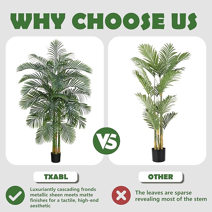 Artificial Golden Cane Palm Tree 5FT, Fake Palm Tree with Three Realistic Trunks and Lifelike Palm Leaves, Faux Palm Plant for Indoor Home Décor with Black Planter