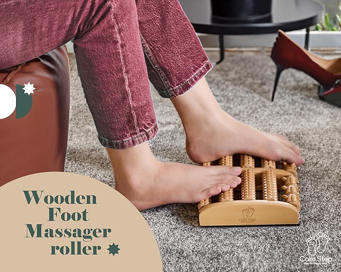 Wooden Foot Roller Massager for Plantar Fasciitis Relief - Arch-Shape Design for Neuropathy & Stress Relief - Durable & Portable Wooden Foot Massager roller - Includes Reflexology Chart