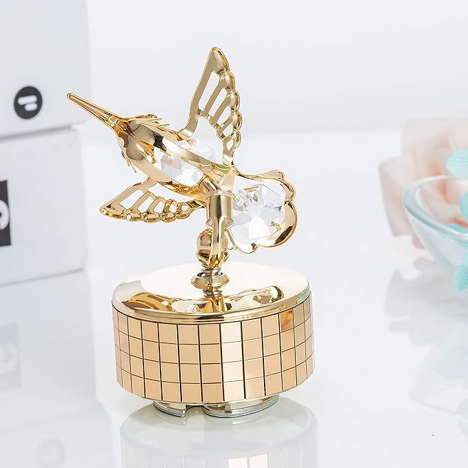 Matashi Christmas Gift for Women - Hummingbird Music Box with 24K Gold Plated Crystal - Tabletop Showpiece for Home, Office, Living Room for Her