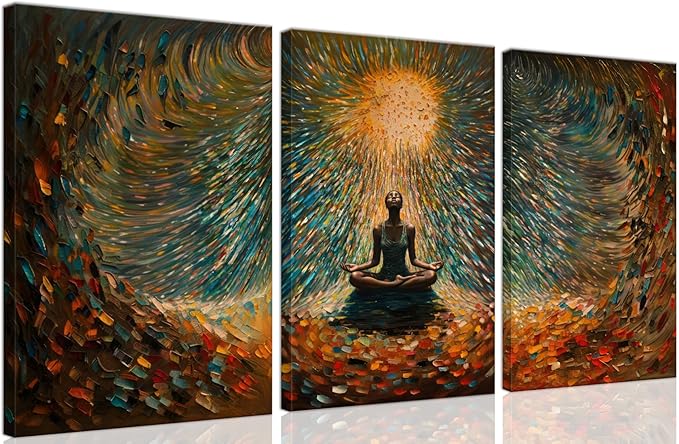 Framed Abstract Yoga&Meditation Wall Art Set of 3Piece Canvas Poster Prints Painting, Vibrant Colorful Energy Flow, Tranquil Woman in Meditation for Home, Yoga Meditation Room,Office,Bedroom,12X16in