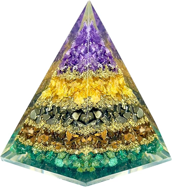 Money Magnet Pyramid with Amethyst, Citrine, Pyrite & Tiger Eye Stones – Crystal Healing Pyramid for Wealth, Abundance, Positive Energy, Reiki, Meditation & Home Décor