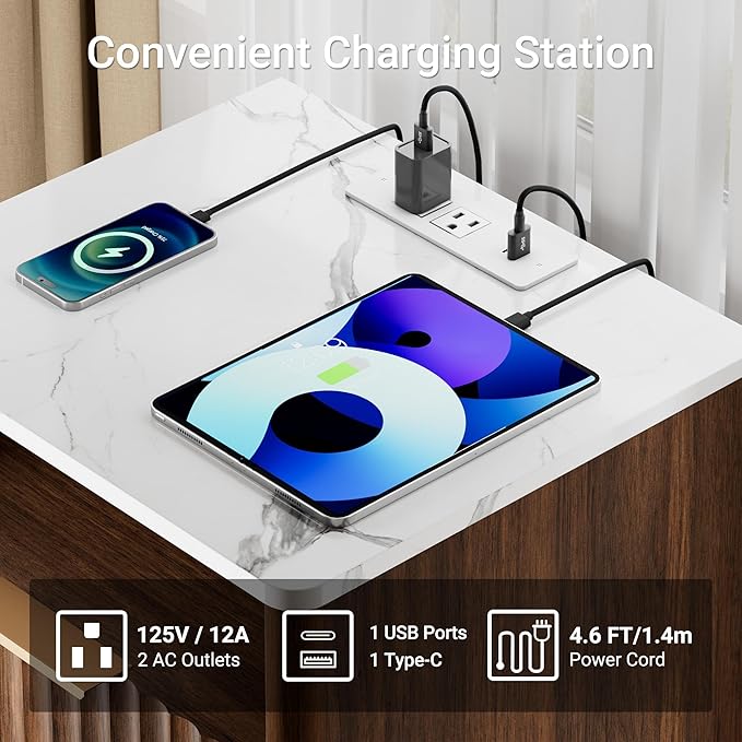 Large Fluted Nightstand Set of 2 with Charging Station, 23" Modern End Table with Faux Marble Top, 2 Drawers Side Table with Storage, for Bedroom Living Room, Curved Profile Design(Walnut)