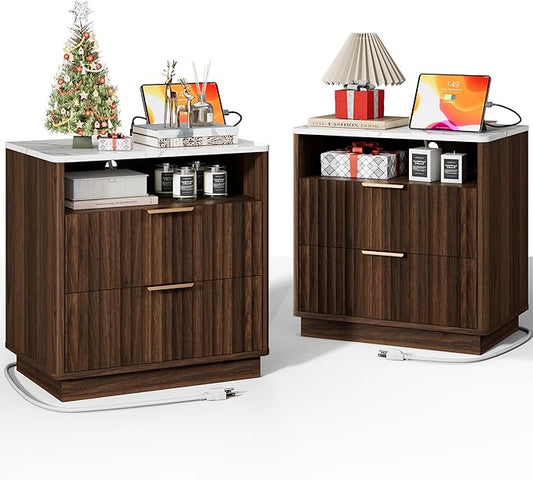 Large Fluted Nightstand Set of 2 with Charging Station, 23" Modern End Table with Faux Marble Top, 2 Drawers Side Table with Storage, for Bedroom Living Room, Curved Profile Design(Walnut)