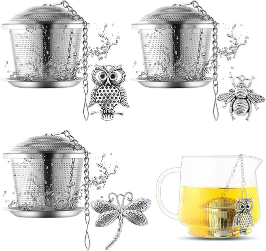 3 Sets Tea Infusers Tea Strainers for Loose Tea Fine Mesh Tea Steeper Stainless Tea Diffuser Tea Filters with Drip Trays and Pendant for Christmas Gift Brew Fine Loose Tea Leave (Insects Style)