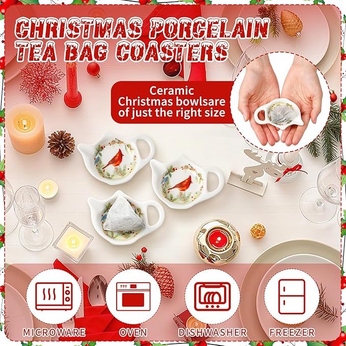 Set of 6 Christmas Winter Birds Tea Bag Holders Porcelain Ceramic Teapot Shaped Coasters Tea Bag Plate Spoon Rests Pad Saucer Seasoning Dish Set for Party Decoration Gifts, 3.7x2.75''