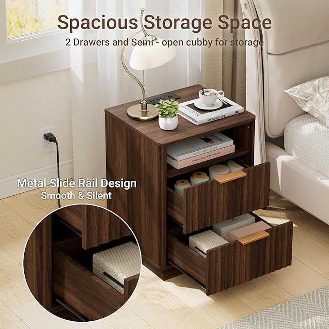 Fluted Nightstand Set of 2 with Charging Station, 18 inch Modern Farmhouse Night Stand, 2 Drawers End Table with Storage, Bedside Table for Bedroom Sofa Home Office, Curved Profile, Walnut