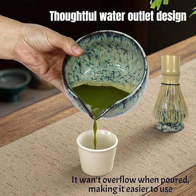 Matcha Whisk Set 6 pc Kit - Traditional Japanese Chasen, Bamboo Whisk Holder, Ceramic Bowl with Spout, Sifter & 2 pc Spoons - matcha kit set, Gift for Matcha Tea Lovers(Quenching Blue)