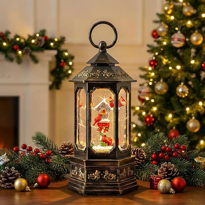 Musical Snow Globe Lantern Lighted Cardinal & Birdhouse Christmas Snow Water Lantern Swirling Glittering Home Decoration and Gift, Battery Operated or USB Powered