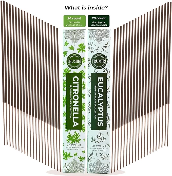 Trumiri Incense Sticks - Combo Pack of 40 Insence-Sticks - 20 Citronella + 20 Eucalyptus - Insenses - Insents - Incents - Inscense - Incence - Incienso - All Natural Incense Sticks