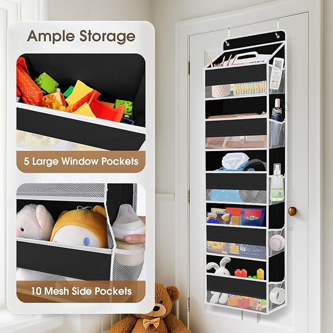 2 Pack Over The Door Organizer, Hanging Storage Organizer with Clear Window, 40lb Ultra Sturdy Large Capacity Room Organizer for Pantry Laundry Bathroom Nursery Closet (Black)
