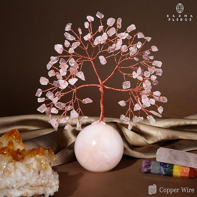 KARMAPLEDGE Rose Quartz Crystal Tree of Life Gifts for Women, Office Decor, Healing Crystal and Stones Chakra Tree for Positive Energy, Reiki Healing, Meditation, Good Luck, Spiritual, Birthday Gifts