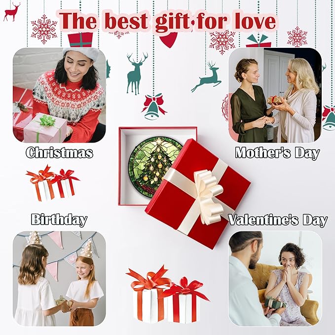 Stained Glass Window Hanging - Green Christmas Tree Golden Bells Suncatcher for Doors Home Christmas Decoration Sun Catcher Thanksgiving New Year Birthday Gift for Women Men Mom Nana 15 in