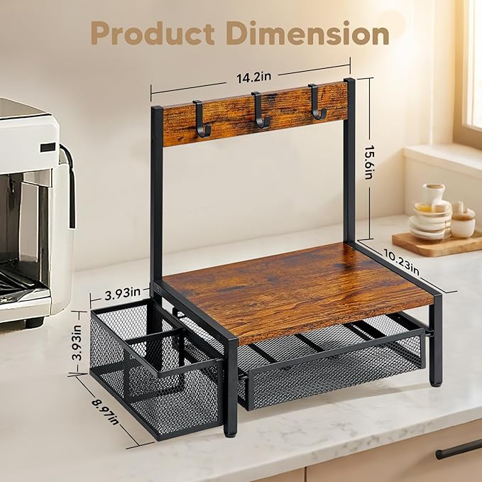 Tea Bag Organizer, Wood Tea Organizer and Storage Cheast, Tea Bag Holder with Storage Drawer, 4 Hooks for Tea Cups Holder, Tea Station Chest Display Container Box for Countertop Kitchen, Brown