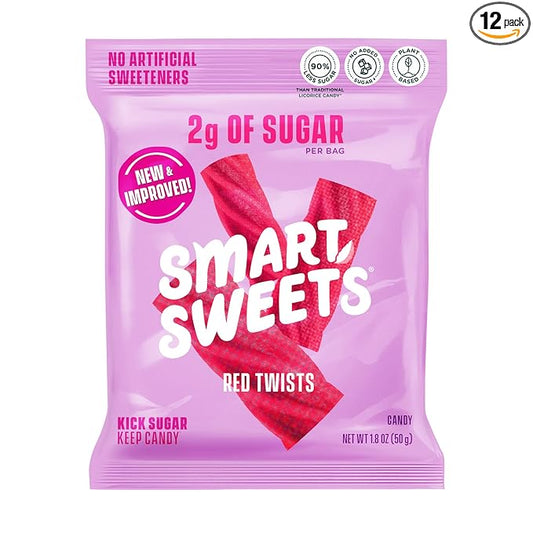 SmartSweets Red Twists, 1.8oz (Pack of 12), Licorice Gummy Candy with Low Sugar (2g), Low Calorie (110), No Artificial Sweeteners, Plant-Based, Gluten-Free, Healthy Snack for Kids & Adults