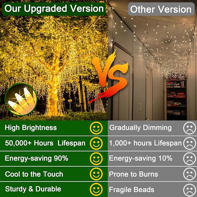 50FT 504 LED Outdoor Christmas Lights - 112 Ice Drops, 12 Pro Modes with Timer Memory & Brightness, Waterproof Hanging Ice String Light for Holiday Wedding Garden Fence House Decor (Warm White)