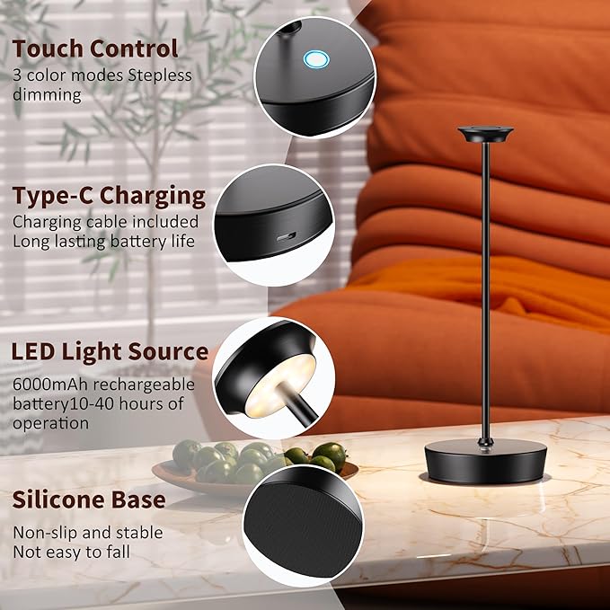 YHT Cordless LED Table Lamp Set of 2, Outdoor Portable LED Table Lamp, Dimming 6000mAh Battery Waterproof Table Light for Restaurant, Patio, Dinner, Bedroom (2Pack Black)