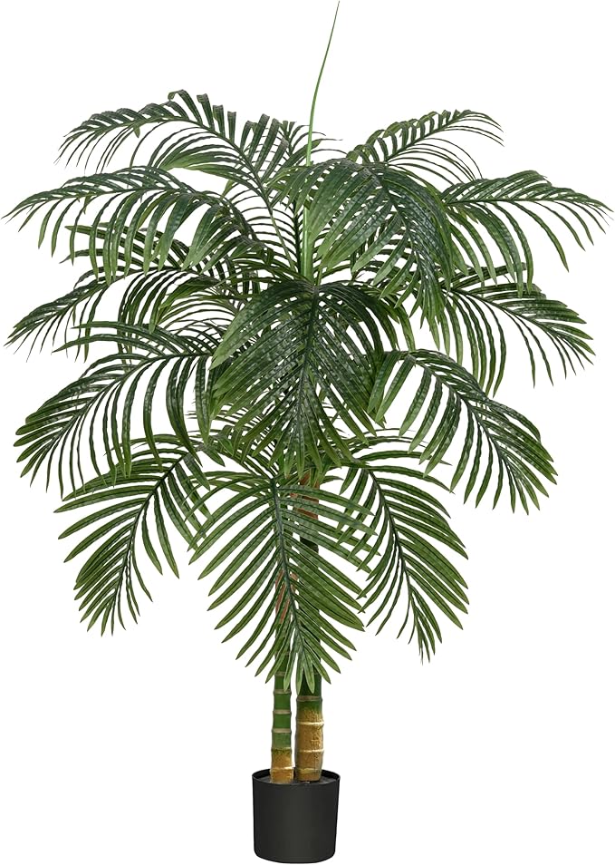 Artificial Golden Cane Palm Tree 5FT, Fake Palm Tree with Three Realistic Trunks and Lifelike Palm Leaves, Faux Palm Plant for Indoor Home Décor with Black Planter