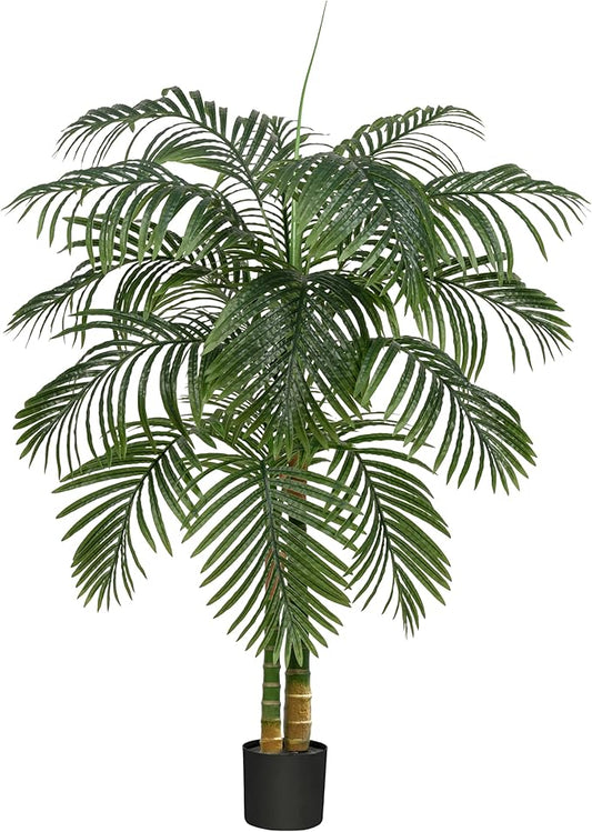 Artificial Golden Cane Palm Tree 5FT, Fake Palm Tree with Three Realistic Trunks and Lifelike Palm Leaves, Faux Palm Plant for Indoor Home Décor with Black Planter
