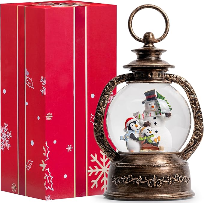 Musical Snow Globe Lantern Lighted Snowman with Penguins Christmas Snow Water Lantern Swirling Glittering Home Decoration and Gift, Battery Operated or USB Powered